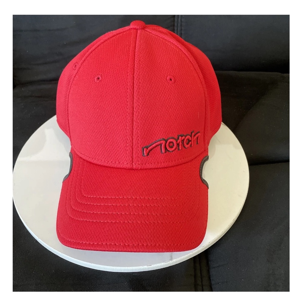 Notch Hat Mens Fitted S/M Red Spell Out Embroidered Logo Ball Cap Adjustable